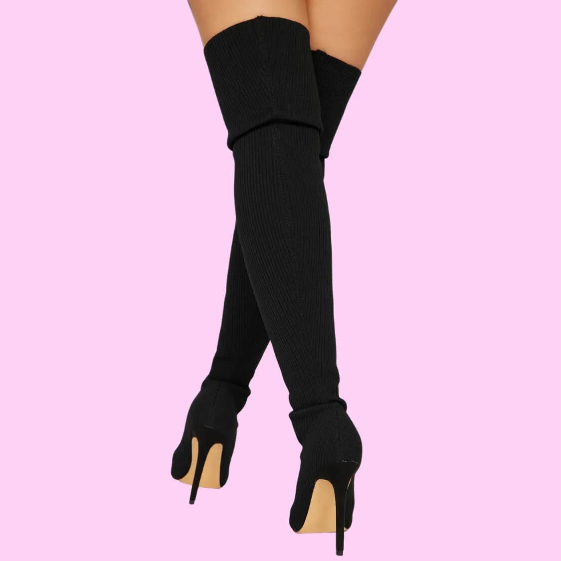 Ribbed Fabric Over The Knee Boots Black