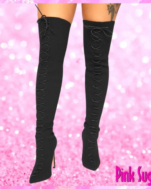 Ribbed Fabric Over The Knee Boots Black