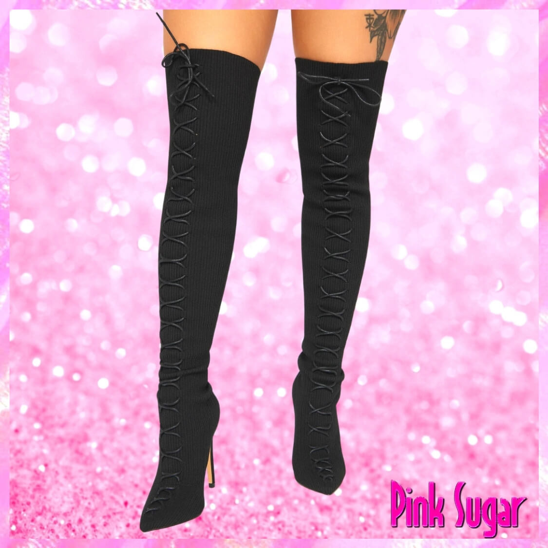 Ribbed Fabric Over The Knee Boots Black