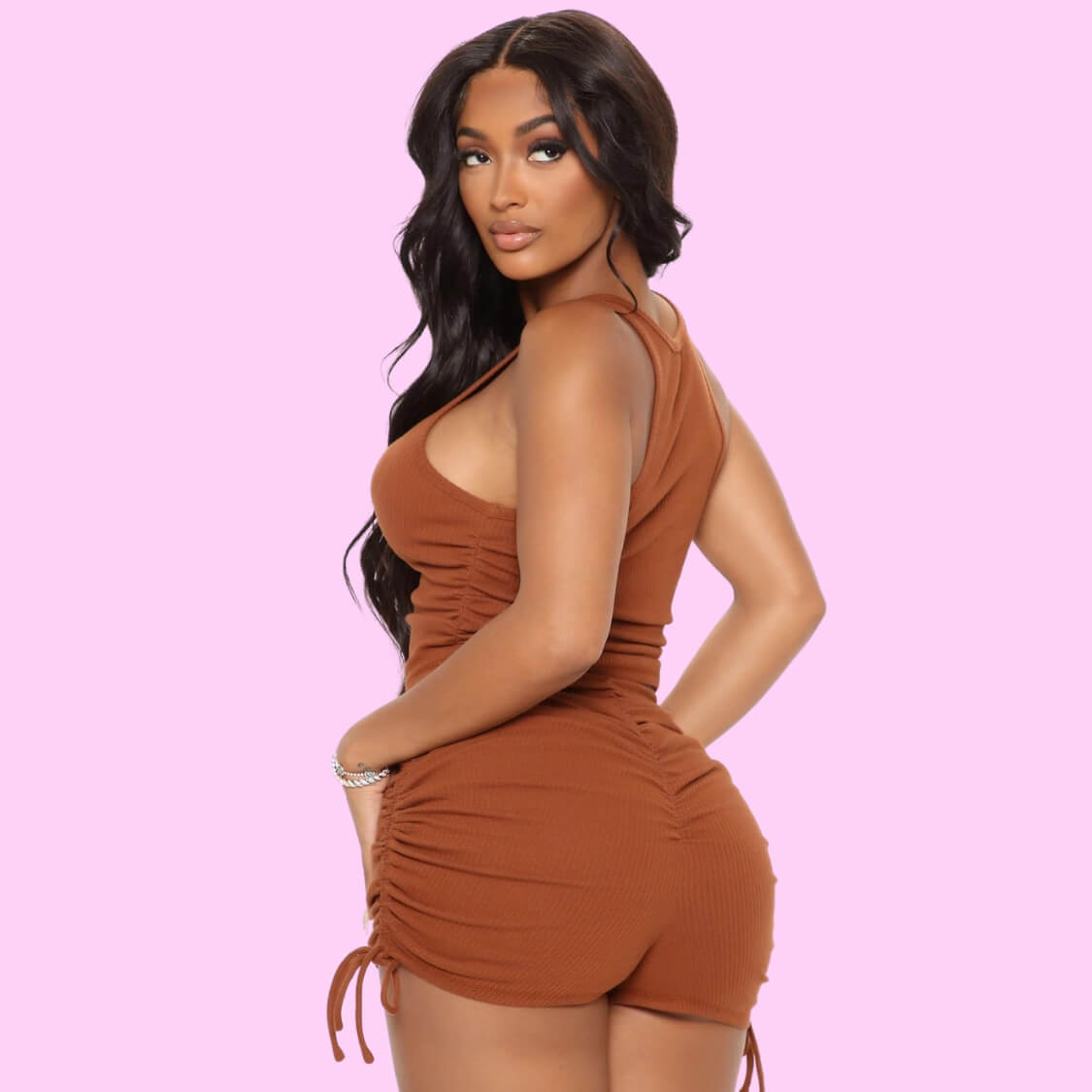 Ruched Tie Side Shorts Set Chocolate