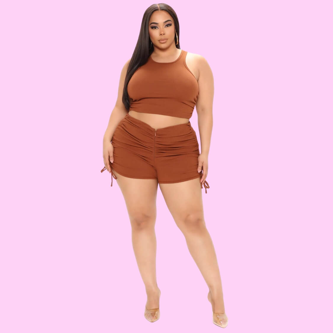 Ruched Tie Side Shorts Set Chocolate