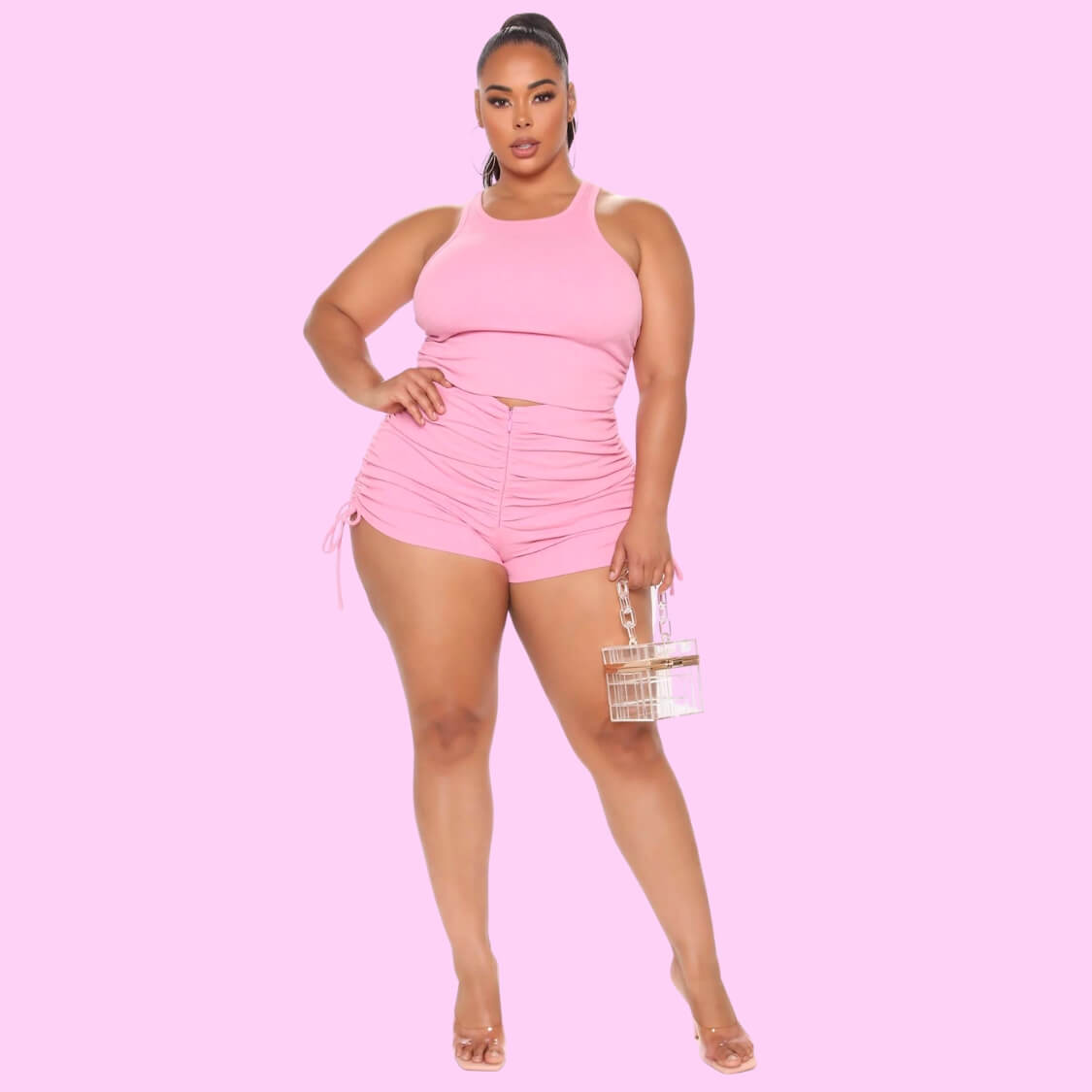 Ruched Tie Side Shorts Set Pink