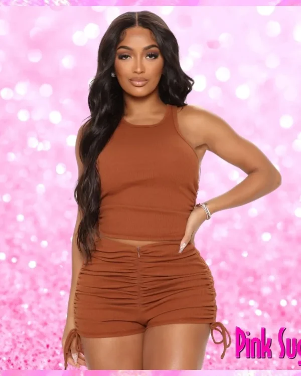 Ruched Tie Side Shorts Set Chocolate