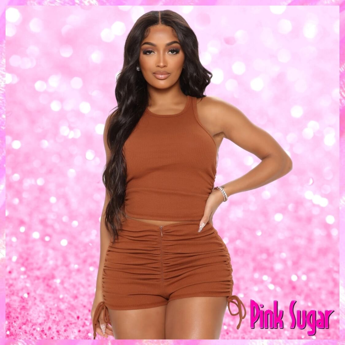 Ruched Tie Side Shorts Set Chocolate
