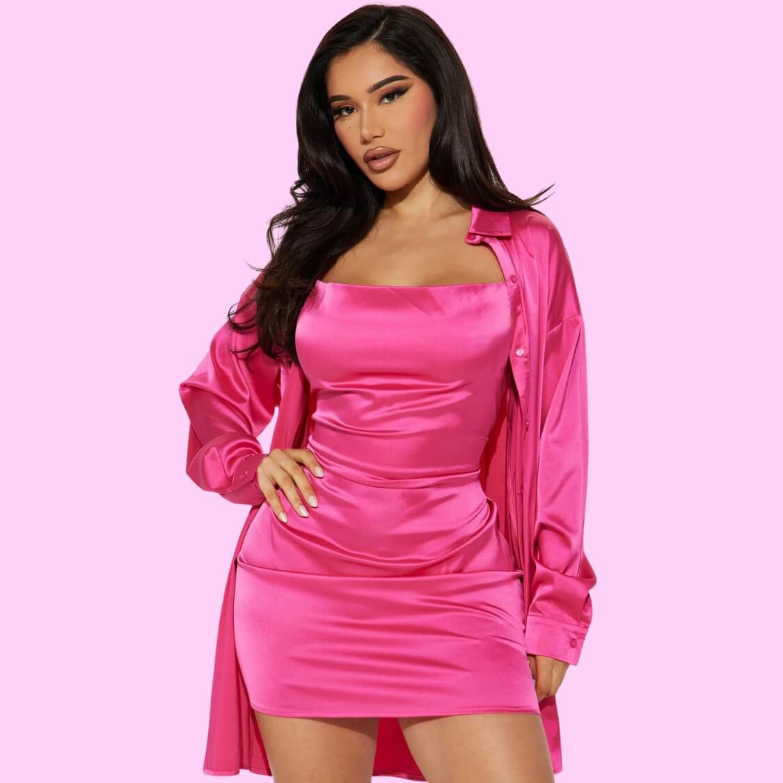 Satin Shirt and Slip Dress Set Pink