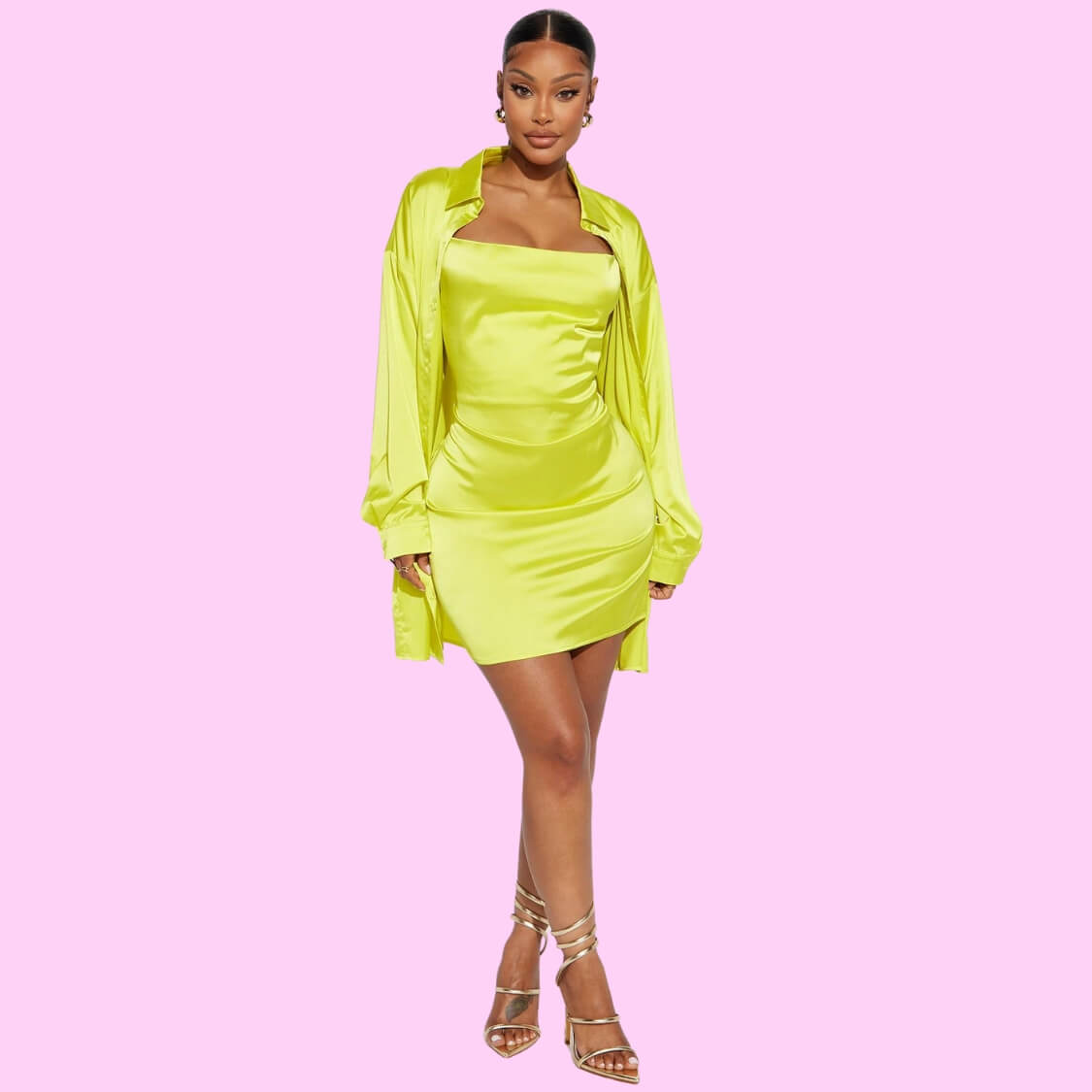 Satin Shirt Dress Set