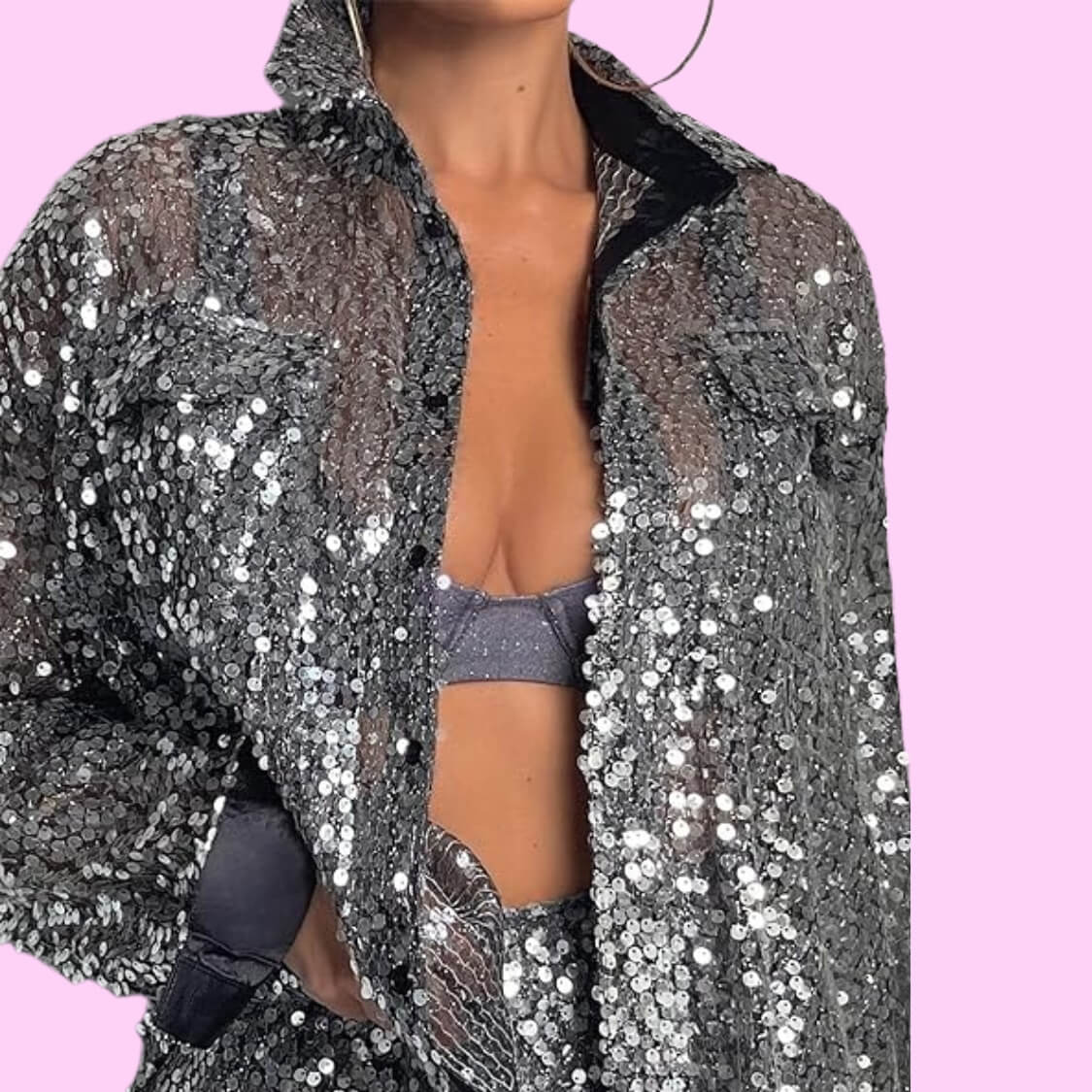 Sequin Button Down Shirt Shorts Set