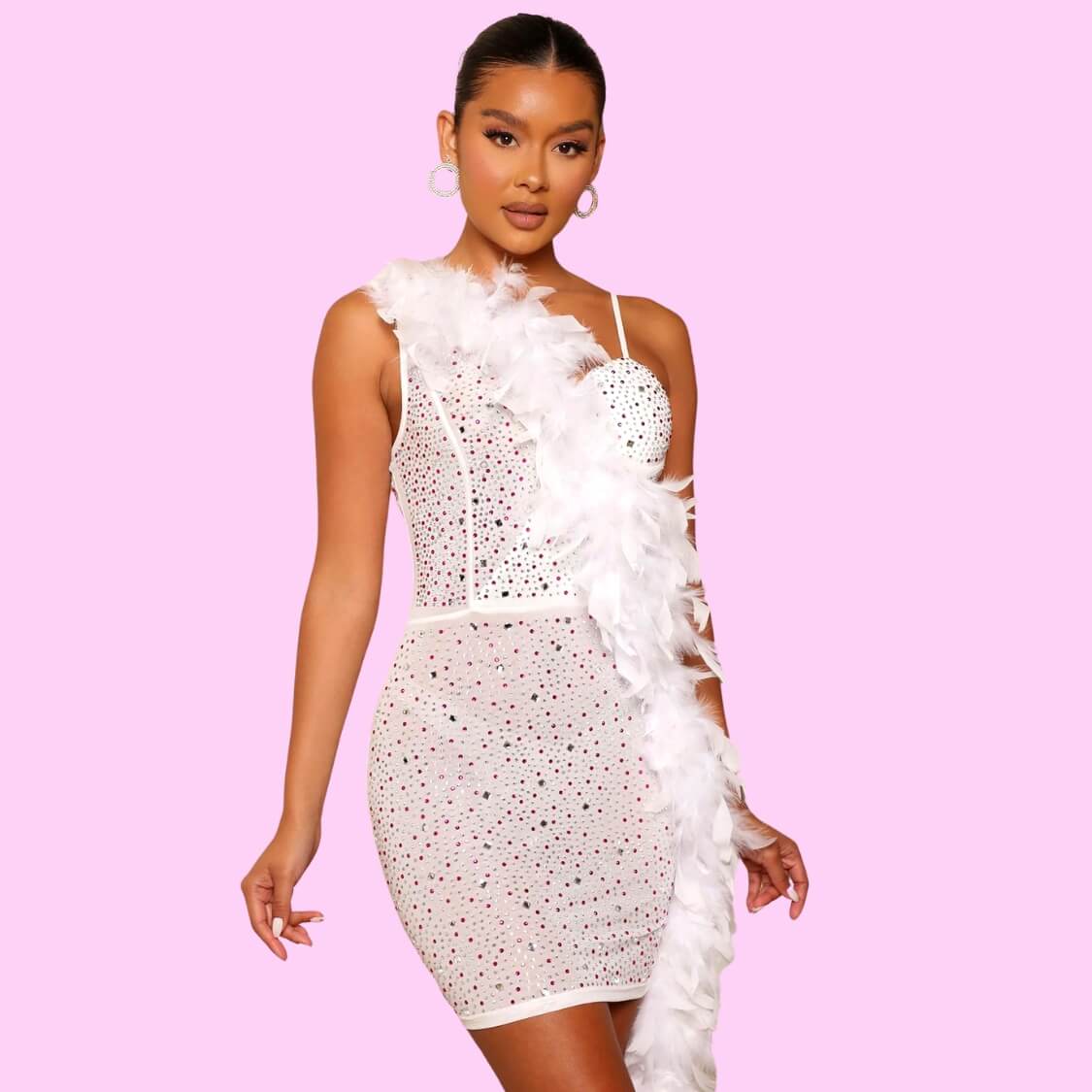 Sequin Feather Diamond Sheer Dress White