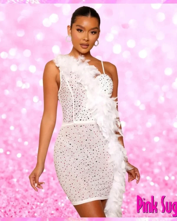 Sequin Feather Diamond Sheer Dress White