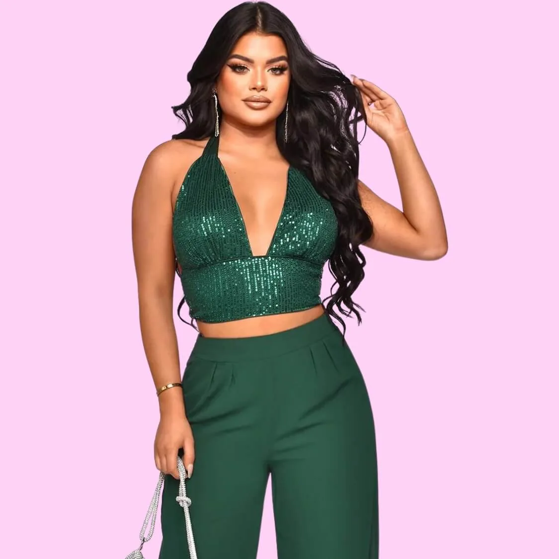 Sequin Halter Crop Top Pants Set