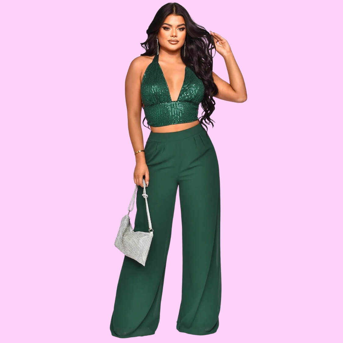 Sequin Halter Crop Top Pants Set