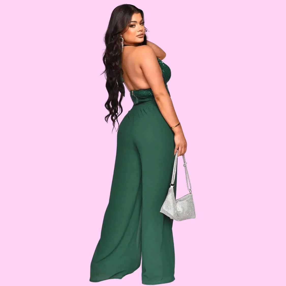 Sequin Halter Crop Top Pants Set