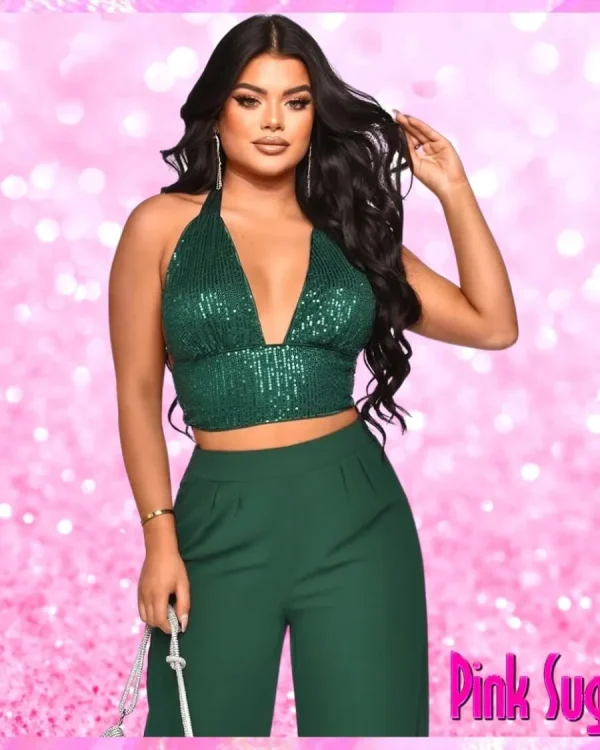 Sequin Halter Crop Top Pants Set