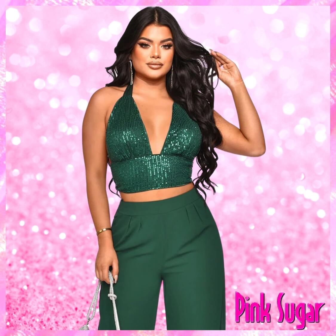 Sequin Halter Crop Top Pants Set
