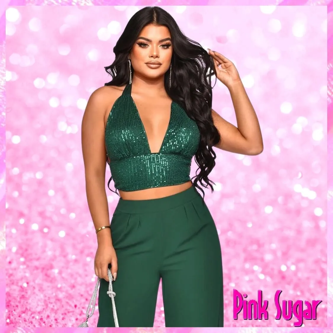 Sequin Halter Crop Top Pants Set