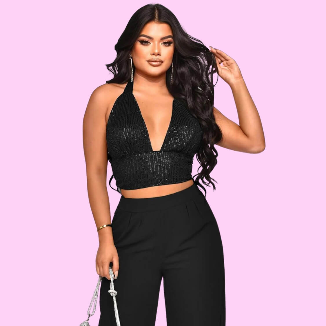Sequin Halter Crop Top Pants Set Black