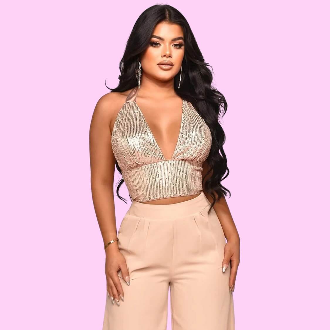 Sequin Halter Crop Top Pants Set Champaign 