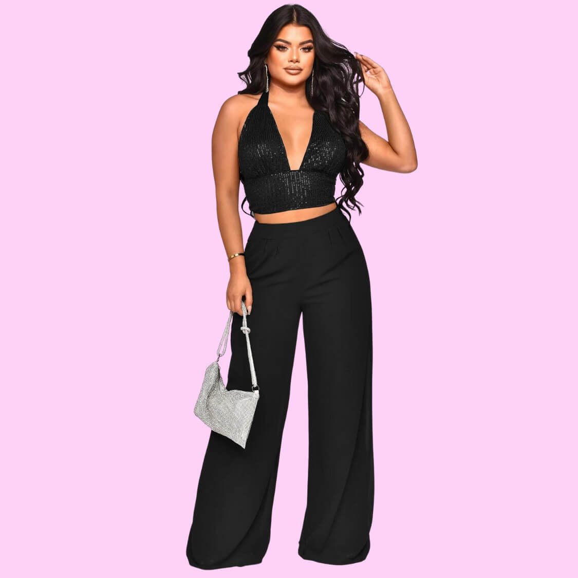 Sequin Halter Crop Top Pants Set Black