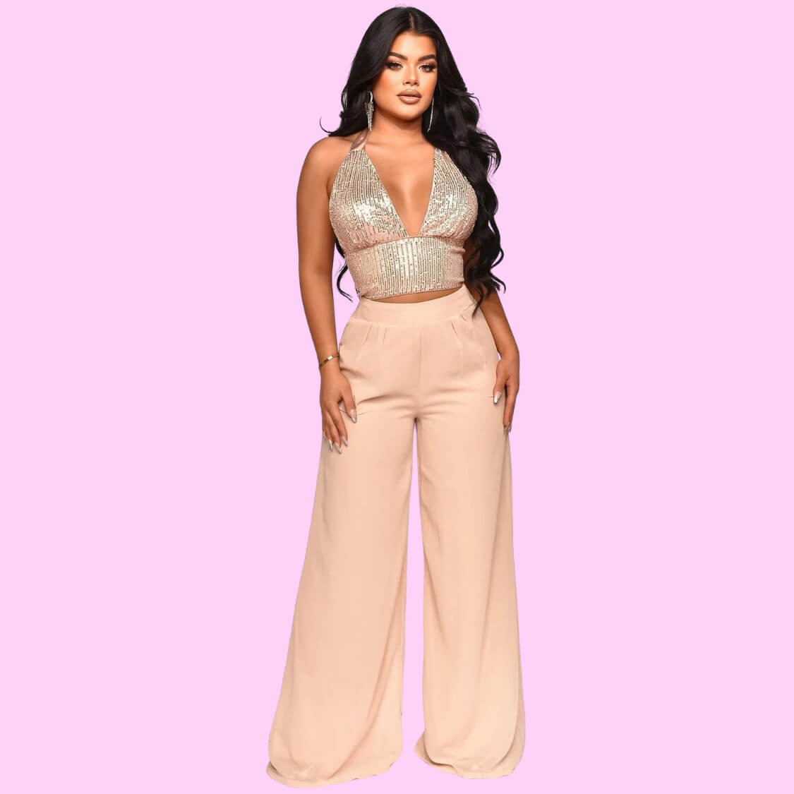 Sequin Halter Crop Top Pants Set Champaign 