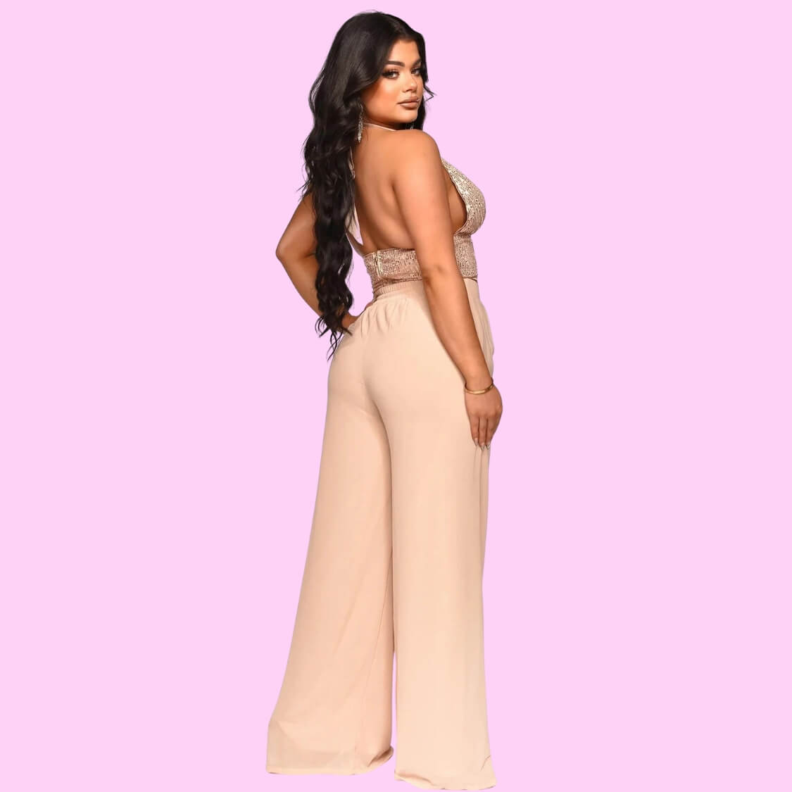 Sequin Halter Crop Top Pants Set Champaign 