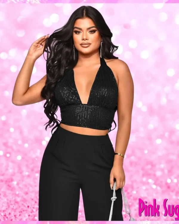 Sequin Halter Crop Top Pants Set Black