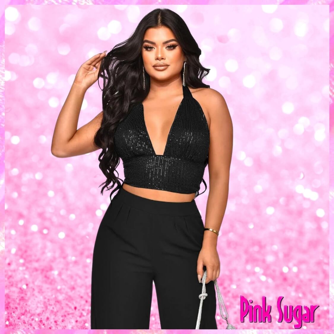 Sequin Halter Crop Top Pants Set Black