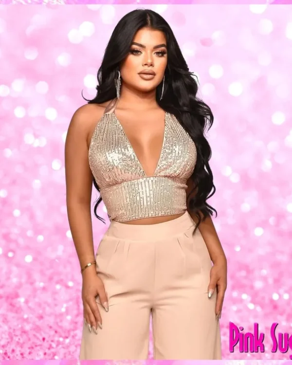 Sequin Halter Crop Top Pants Set Champaign
