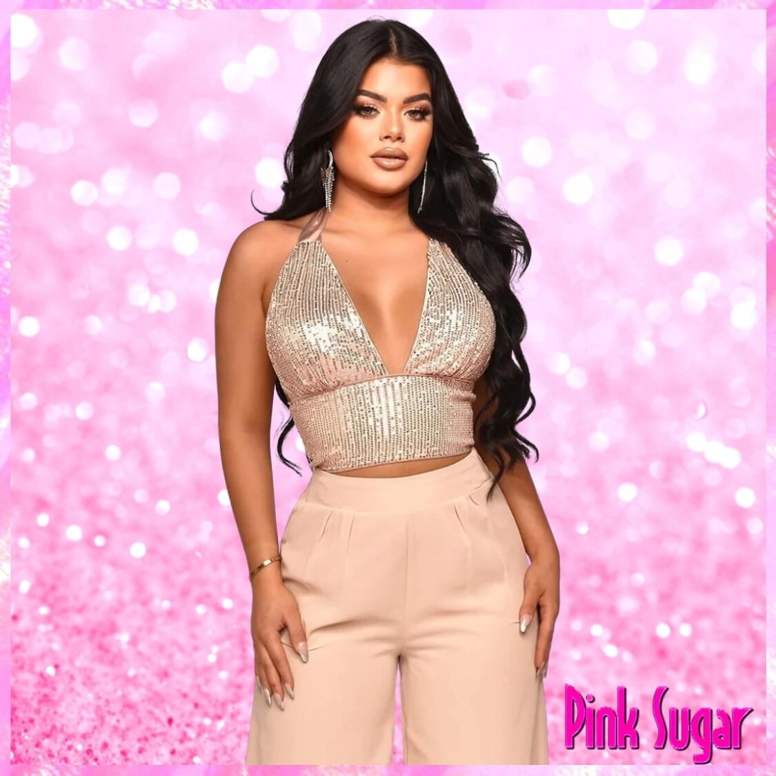 Sequin Halter Crop Top Pants Set Champaign