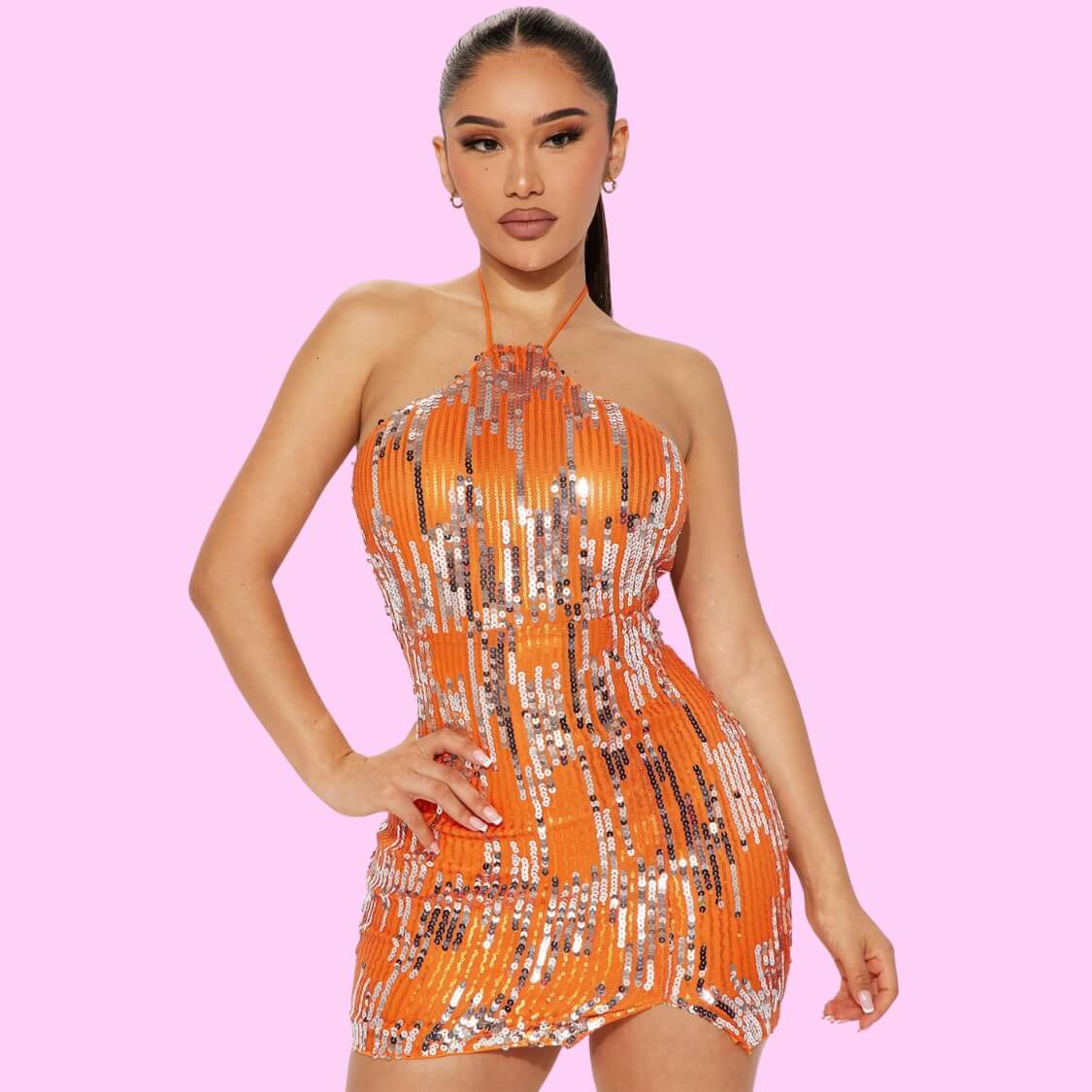 Sequin Halter Dress Orange