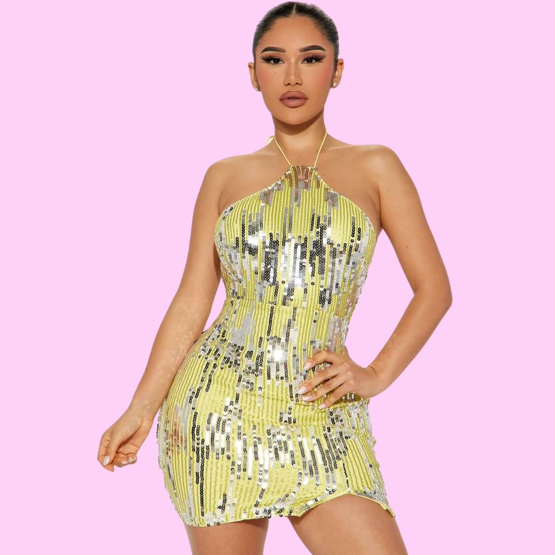 Sequin Halter Dress Yellow