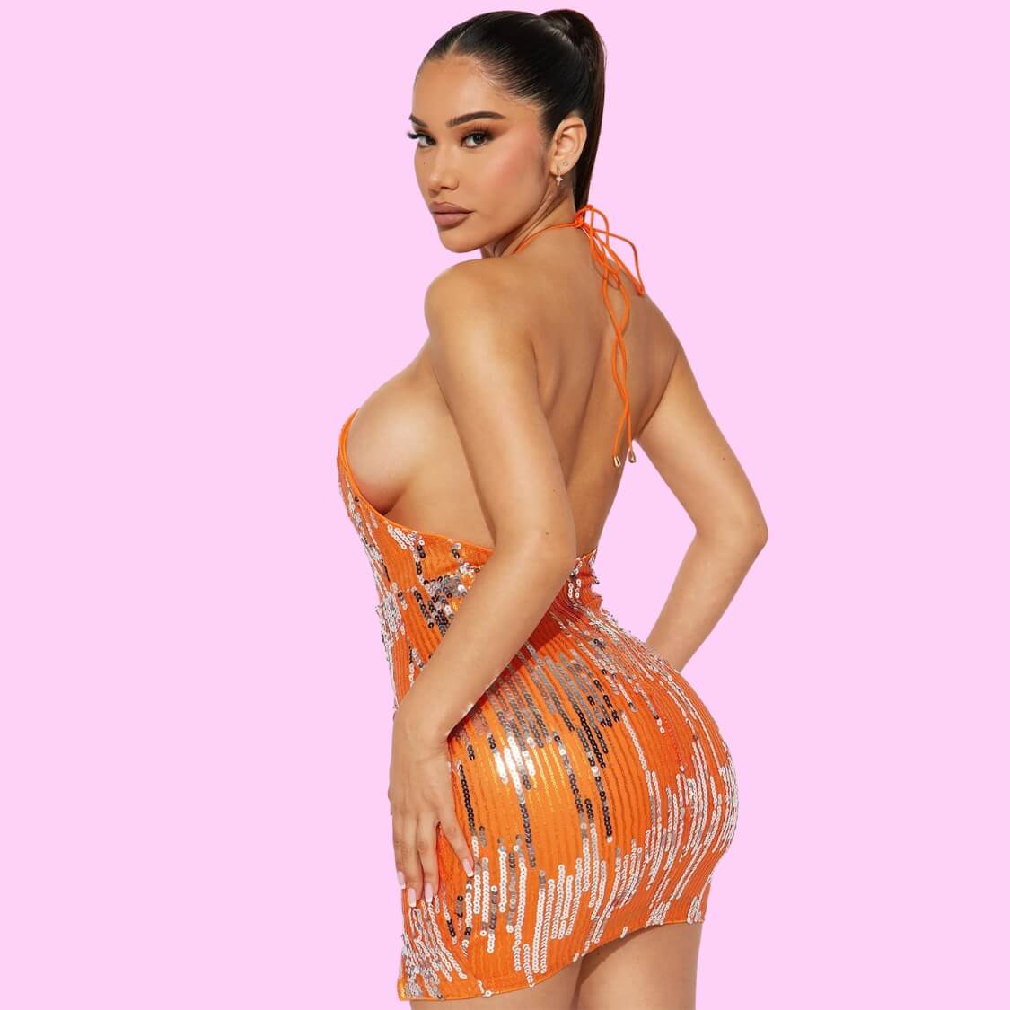 Sequin Halter Dress Orange