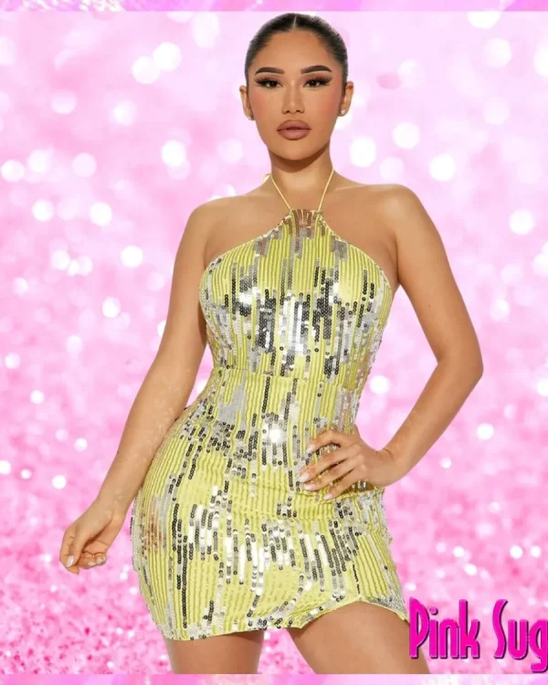 Sequin Halter Dress Yellow