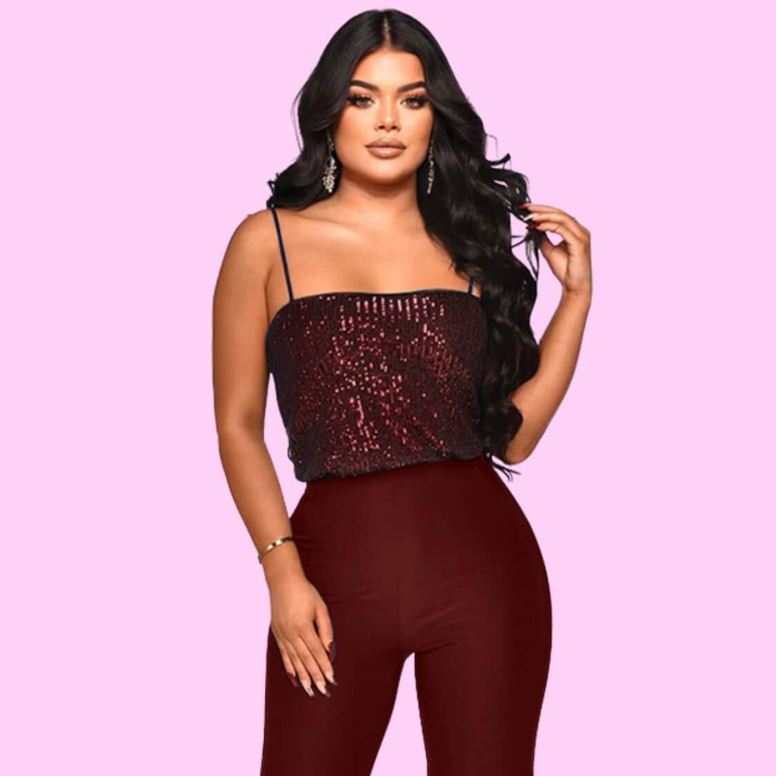 Sequin Party Jumpsuit Wine