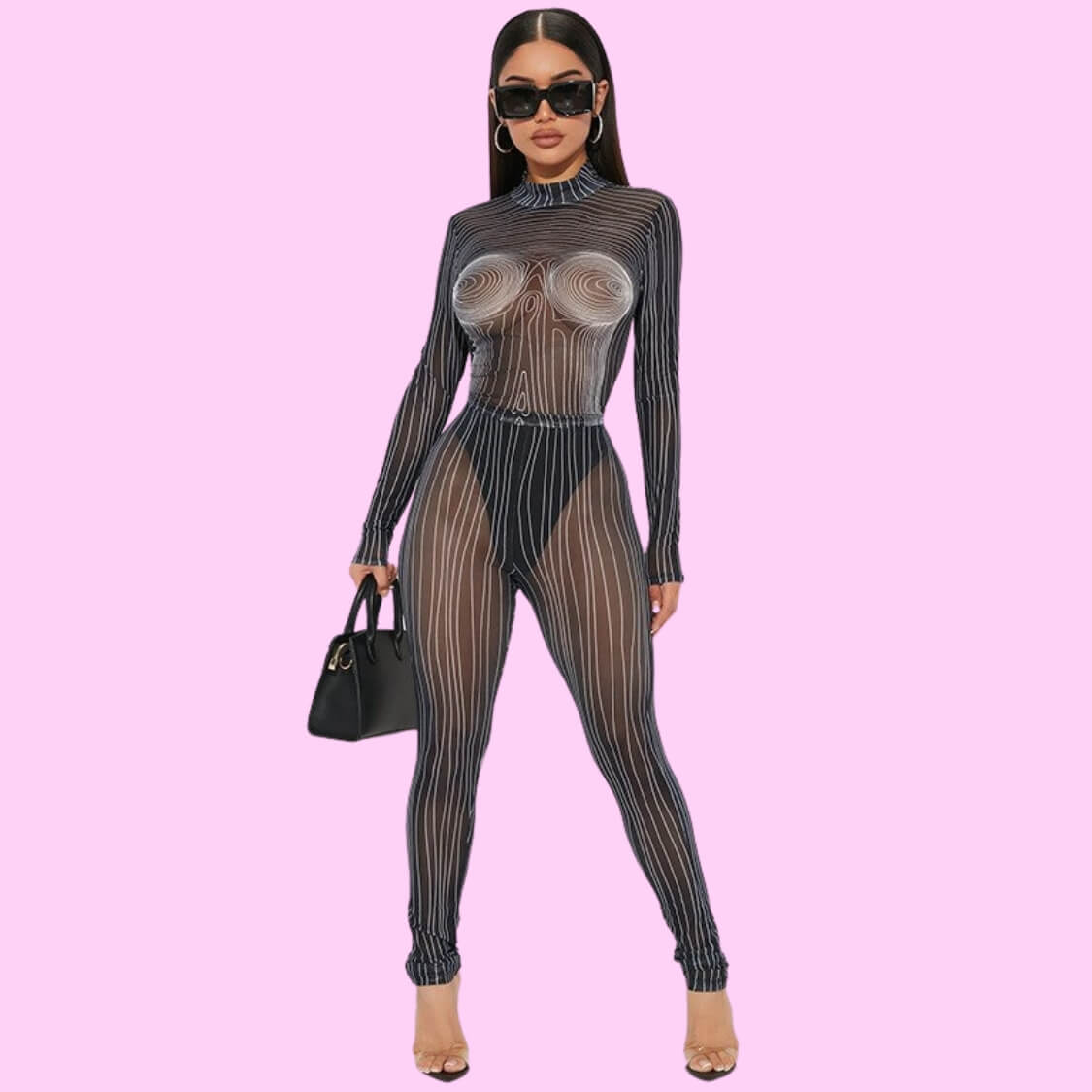 Sheer Body Print Bodysuit Pant Set