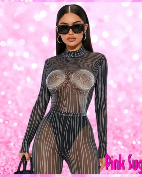 Sheer Body Print Bodysuit Pant Set