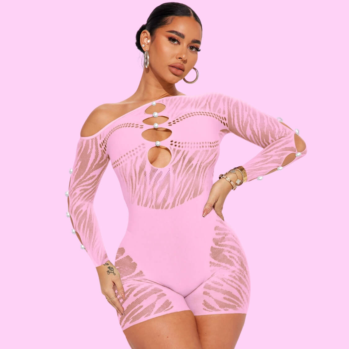 Sheer Mesh Cut Out Romper Pink