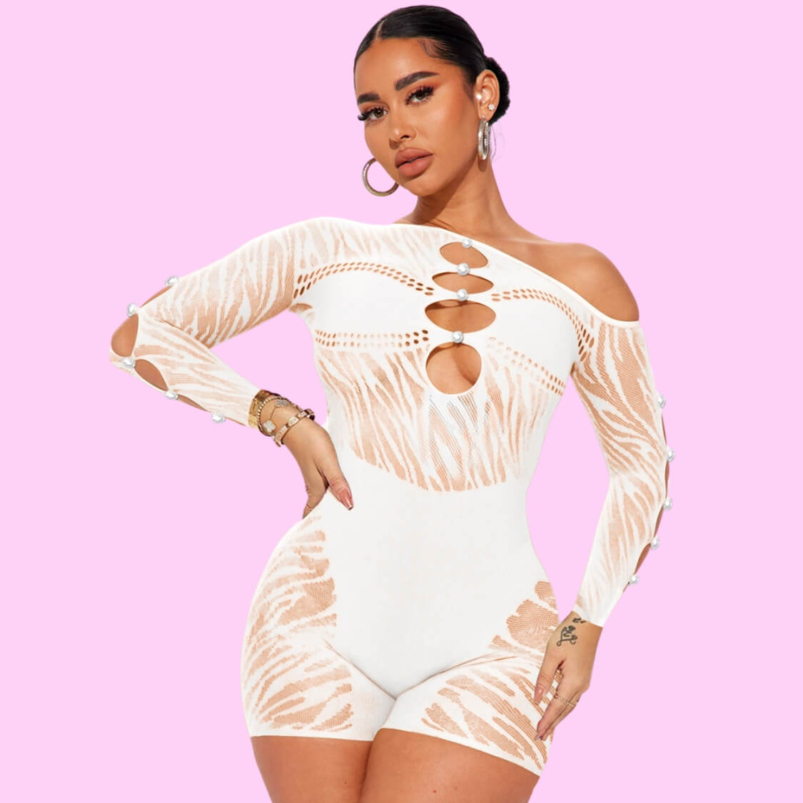 Sheer Mesh Cut Out Romper White