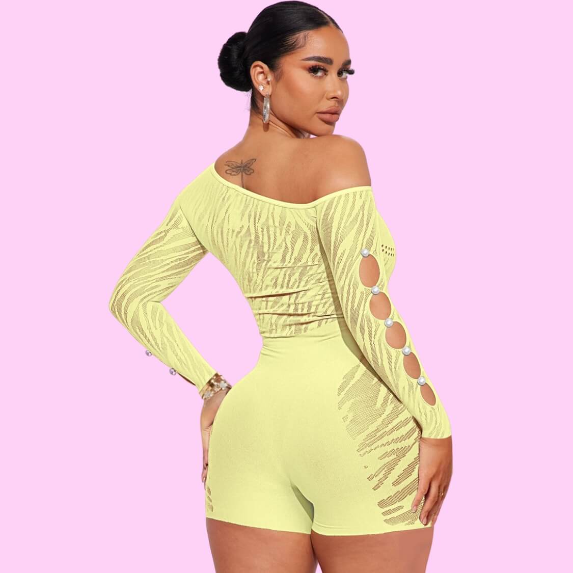 Zoey Sheer Mesh Cut Out Romper Lemon