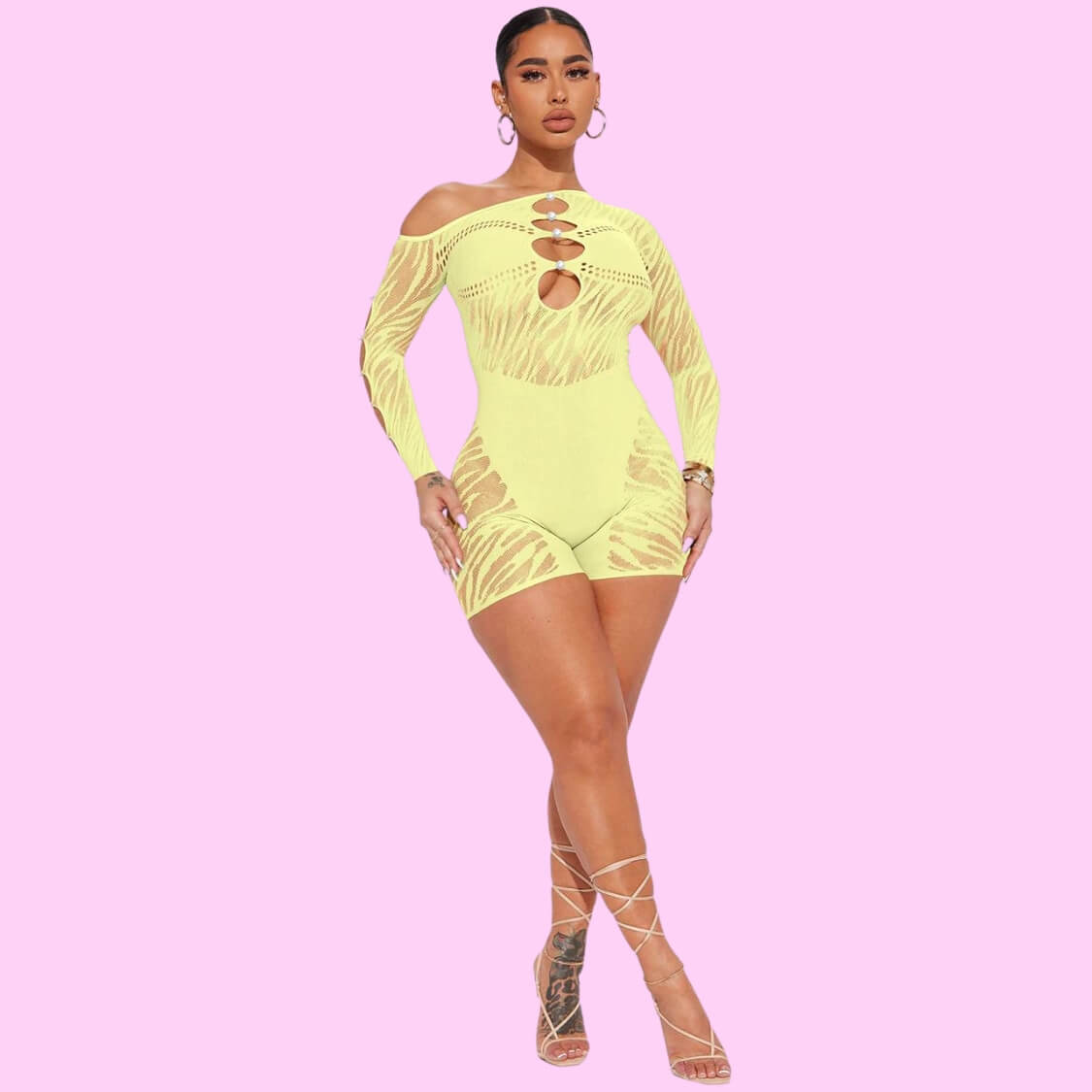 Zoey Sheer Mesh Cut Out Romper Lemon
