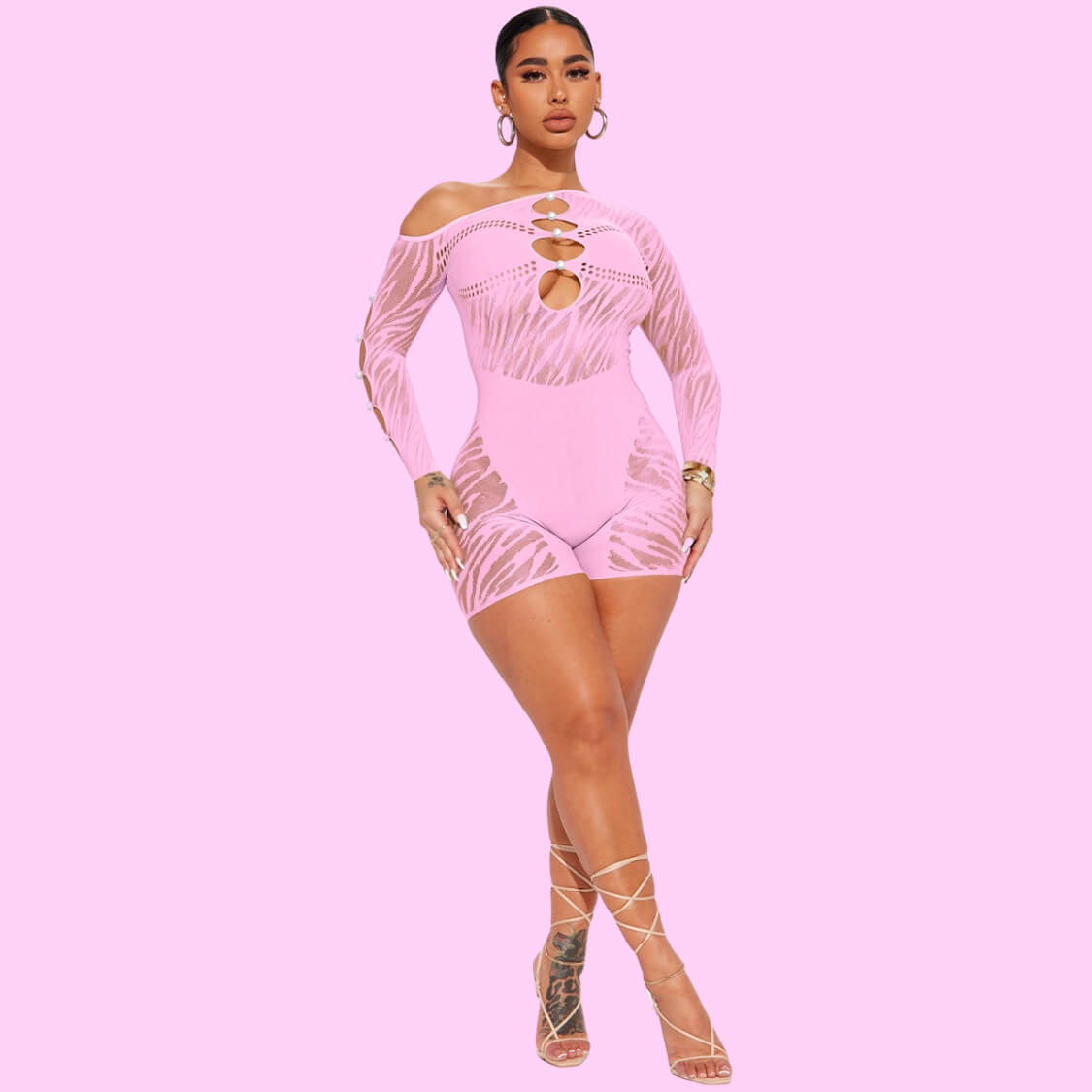 Sheer Mesh Cut Out Romper Pink