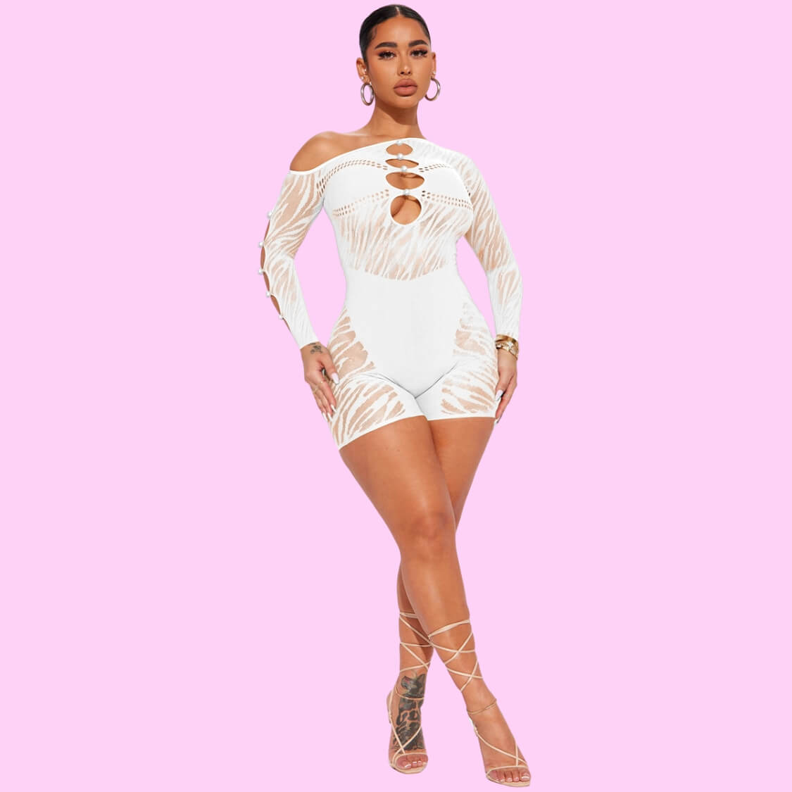 Sheer Mesh Cut Out Romper White