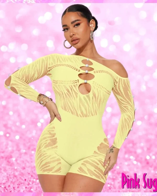 Zoey Sheer Mesh Cut Out Romper Lemon
