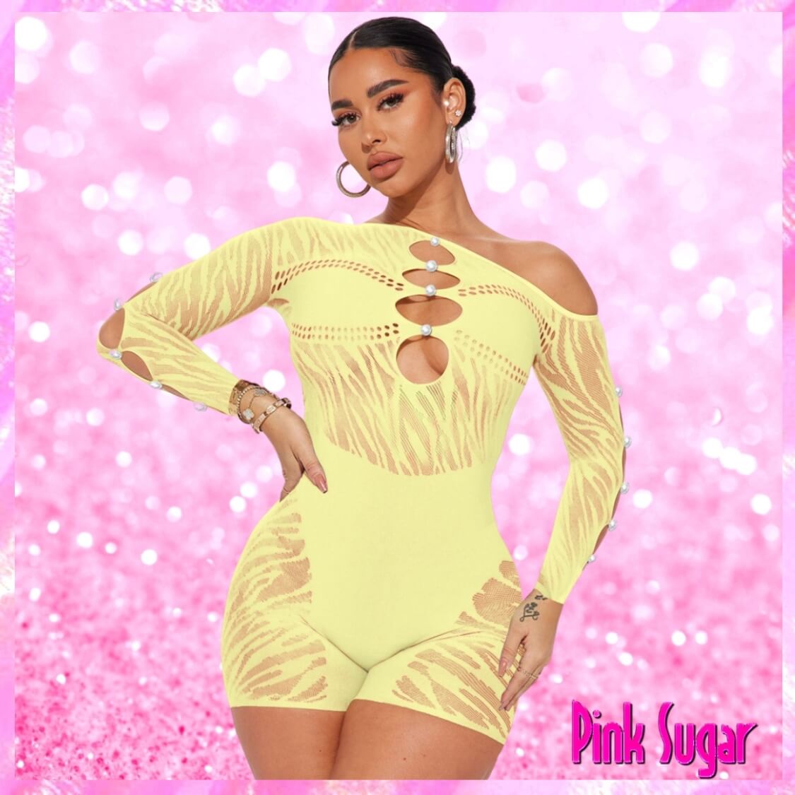 Zoey Sheer Mesh Cut Out Romper Lemon