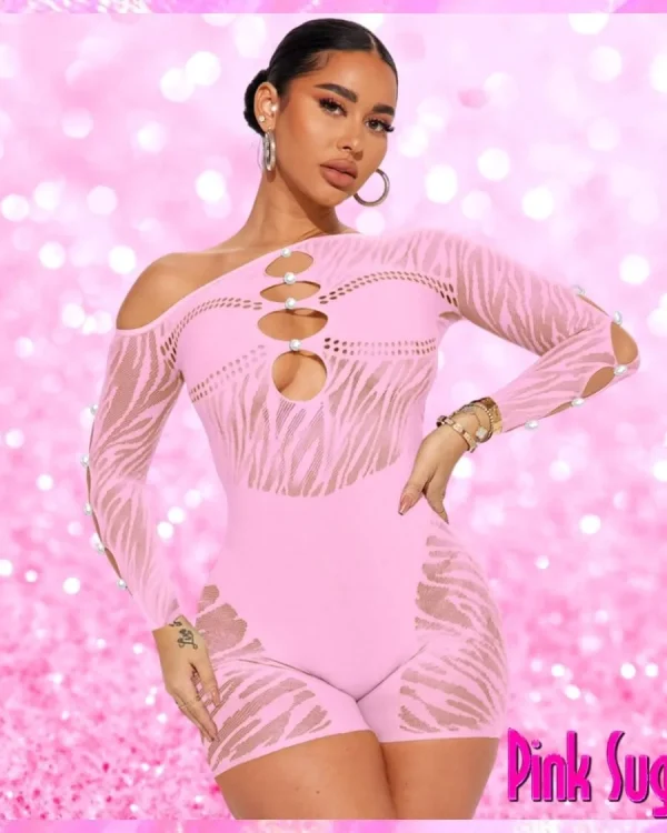 Sheer Mesh Cut Out Romper Pink