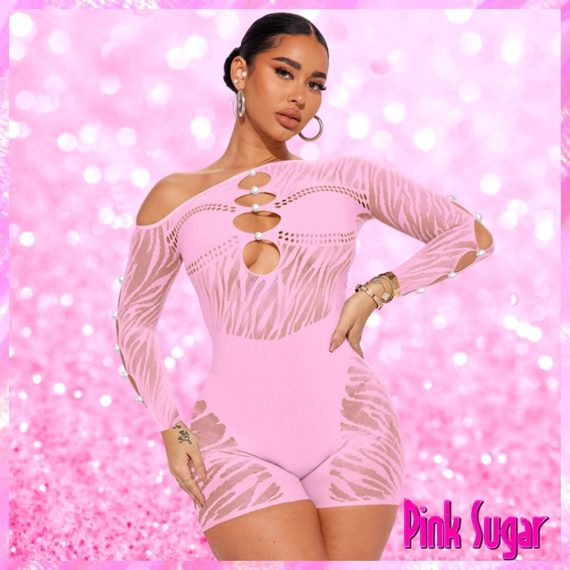 Sheer Mesh Cut Out Romper Pink
