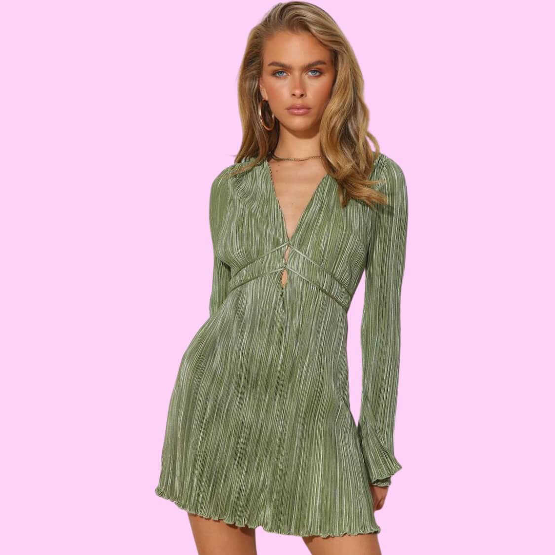 Plisse Tie Front Mini Dress Sage
