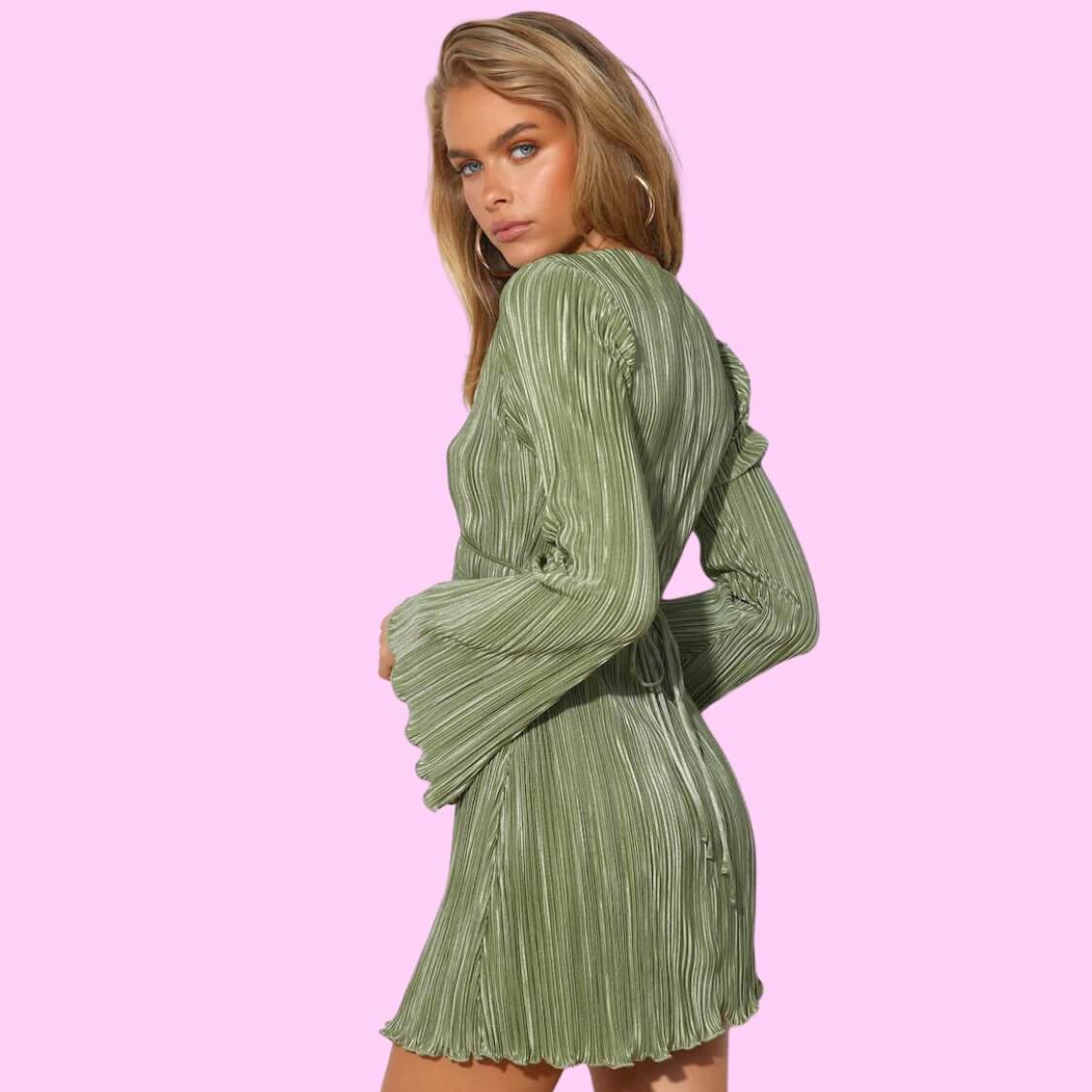 Plisse Tie Front Mini Dress Sage