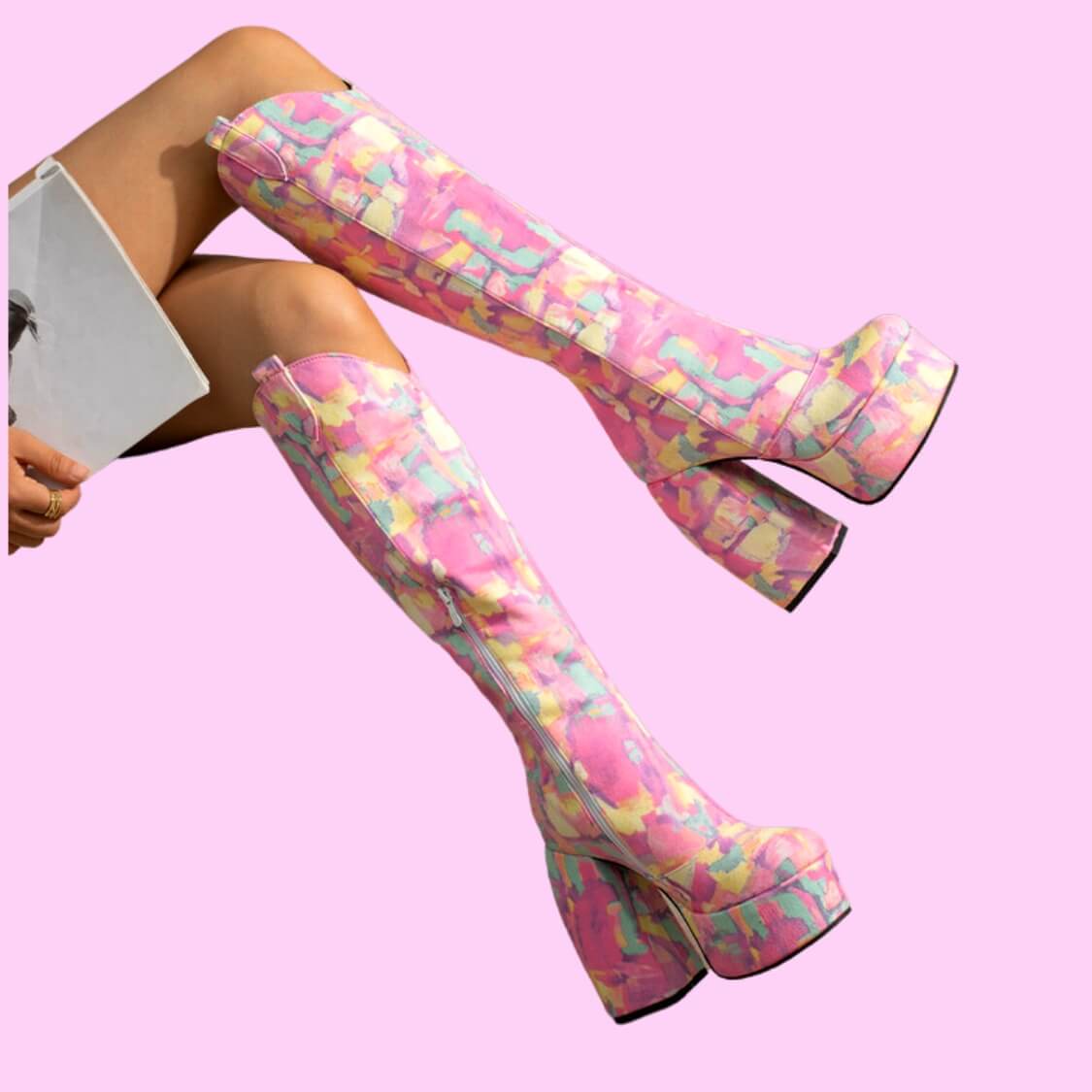 Waterproof Chunky Heel Boots Pink Combo