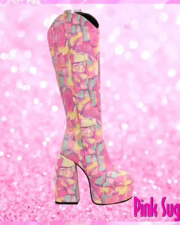 Waterproof Chunky Heel Boots Pink Combo
