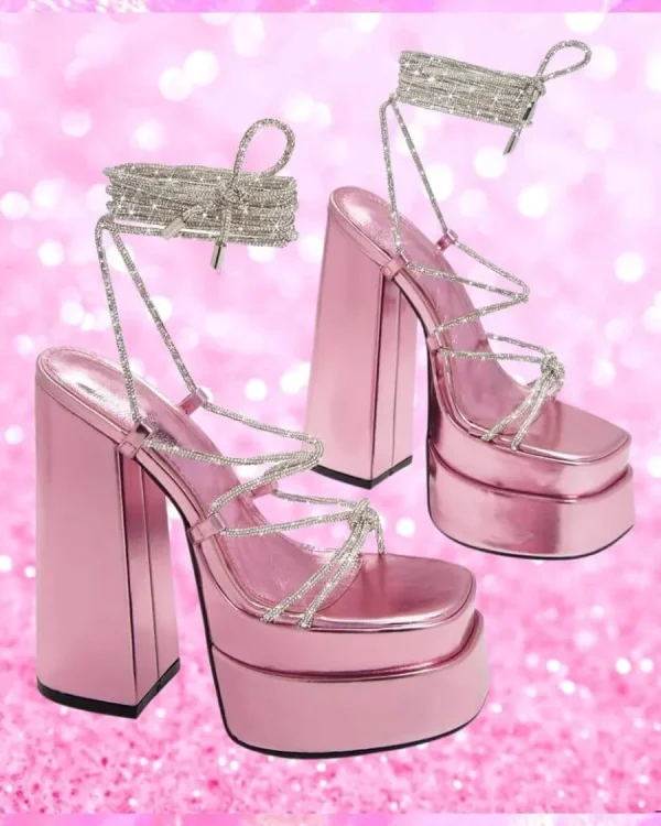 Rhinestone Strap Lace Up Heels